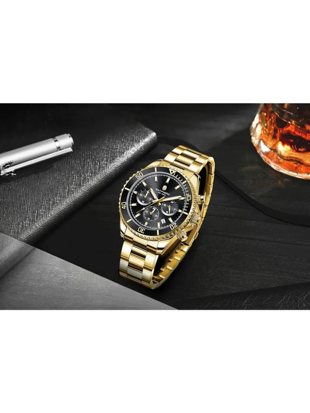 Men's Gold Strap Black Face Chronograph Stainless Steel Waterproof Wrist Watches